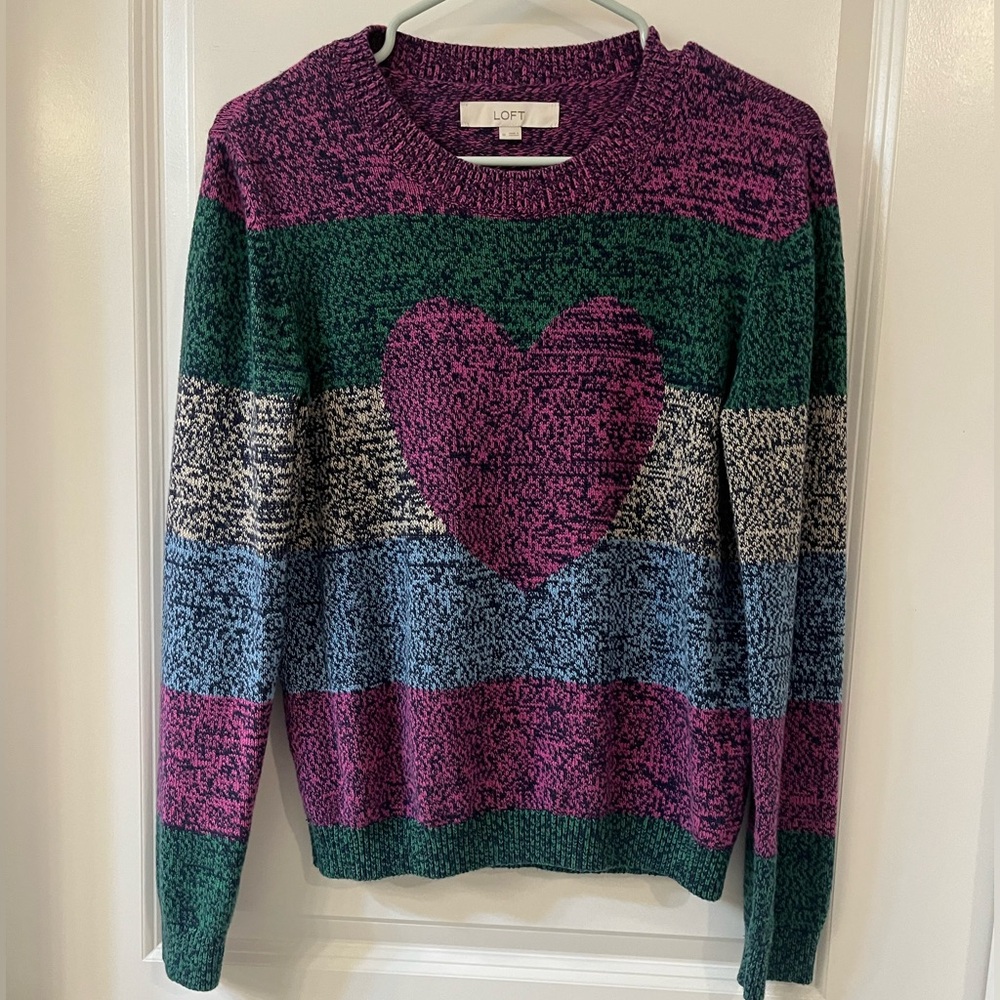 LOFT Women's Striped Heart Sweater - Pink, Green, Blue, Gray